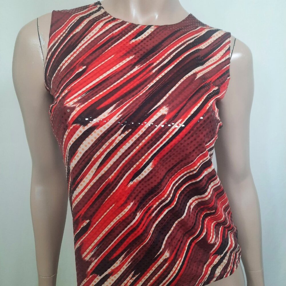 Vintage 90s Y2K Sleeveless Top Womens M shimmery Red Brown Abstract Print